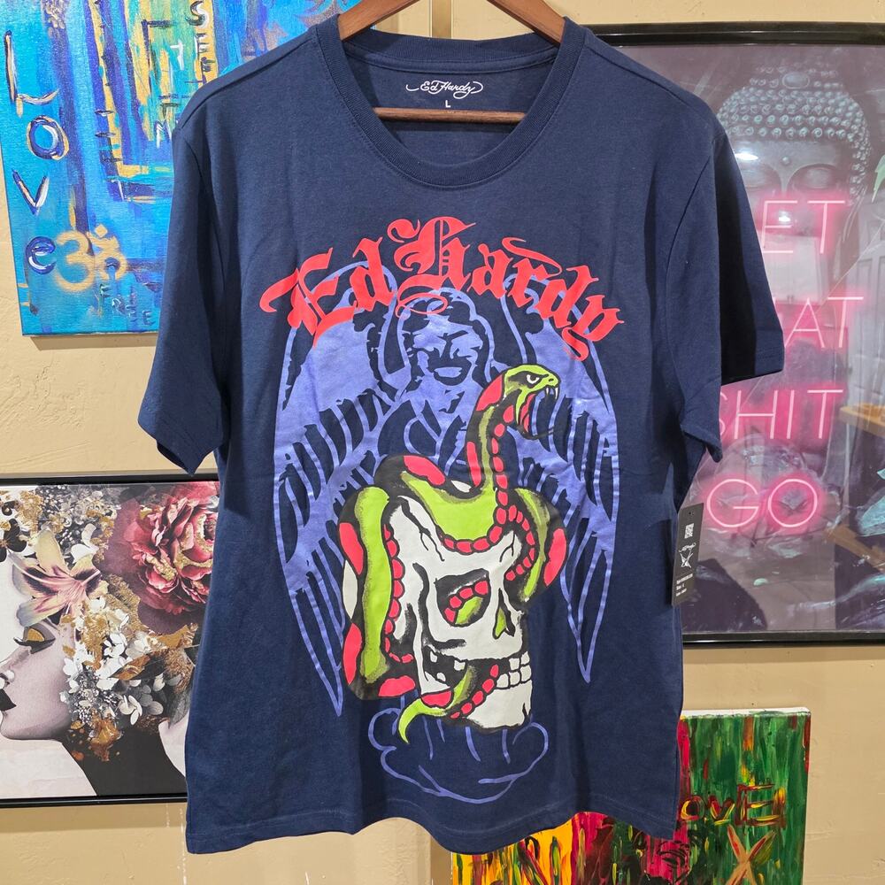 NWT Ed Hardy Y2K Style Grunge Deadstock Skull Streetwear Tee Size Blue Large